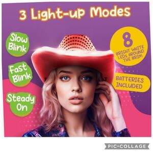 NEW RED COWBOY HAT 3 MODE LIGHT UP SEQUINS UNISEX BY WINDY CITY NOVELTIES